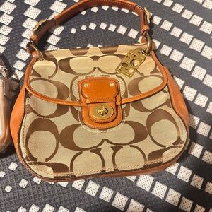 Coach Tan and Brown Signature Shoulder Bag